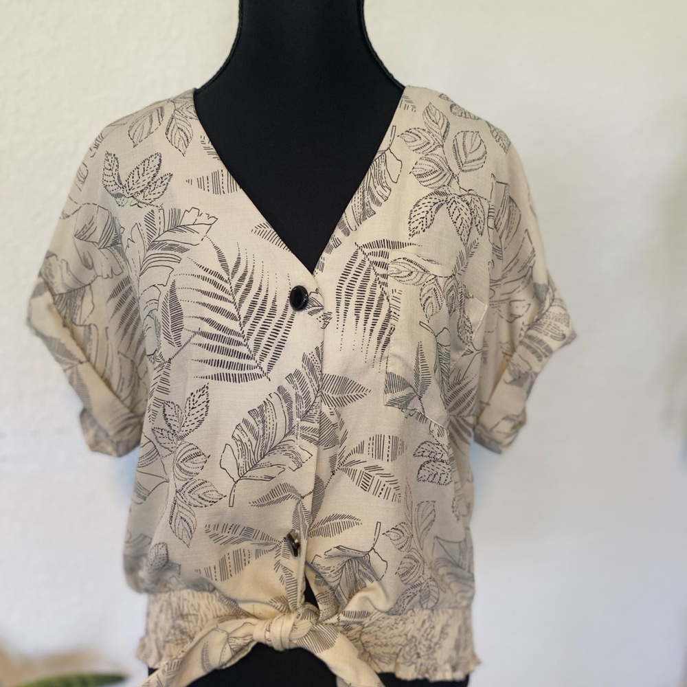 Boho inspired Black and Cream Leaf Print Blouse, cropped v neck button down